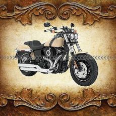 Motorka HARLEY DAVIDSON béžová na žluté s hnědými ornamenty panel 50x47cm teplákovina