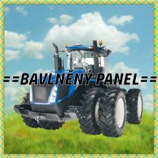 Traktor modrý New Holland osm kol na louce úplet 39x34cm