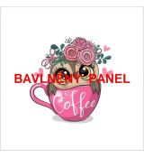 Sovička s kvítky v růžovém šálku COFFEE úplet panel 39x39cm