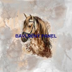 Koňská hlava na šedo béžovo kávových skvrnách panel 49x46cm úplet