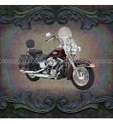 Motorka HARLEY DAVIDSON tmavě červená s koženými batohy a předním štítem panel 50x47cm úplet