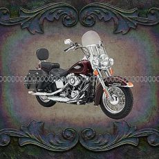 Motorka HARLEY DAVIDSON tmavě červená s koženými batohy a předním štítem panel 39x37cm úplet