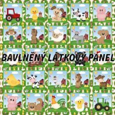 Sada malé obrázky z farmy, zvířátka, traktor a sedlák v rámečku na bílé s kolečky se zvířátky 34x34cm bavlněné plátno panel