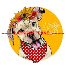 Pejsek s puntíkatým červeným šátkem a listím na hlavě s nápisem HELLO FALL panel úplet 39x36cm