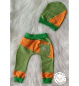 Set baggy a čepička s kapsičkou a opičkou zeleno oranžové vel.80