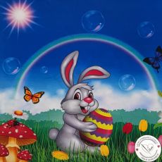 Velikonoční zajíček s vajíčkem na louce s bublinkami a duhou panel úplet 39x36cm
