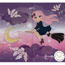 Čarodějka s růžovými netopýry na obloze s měsícem panel úplet 39x38cm