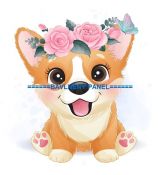 Corgi sedící s květinkami na hlavě panel úplet 28x28cm