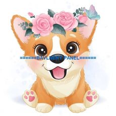 Corgi sedící s květinkami na hlavě panel úplet 28x28cm